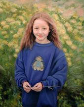 Among the Chamisa, an oil painting of a little girl in a field of chamisa flowers