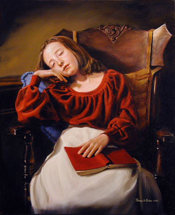 An oil painting of a little girl asleep in a chair with a book in her lap entitled Dull Reading