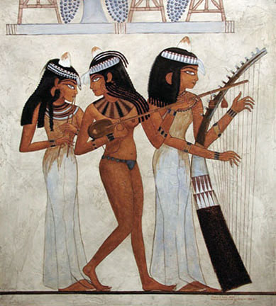 Ancient Egyptian tomb mural from the Tomb of Nakht, reproduced in oil paint on a textured wooden panel by Thomas Baker