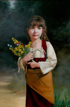 First Bouquet, an oil painting of a little girl in a meadow with an armful of flowers