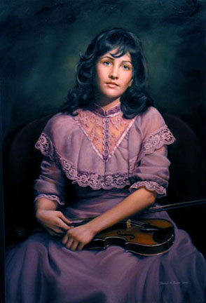Evening at the Salon, an oil painting of a young woman with a violin in her lap