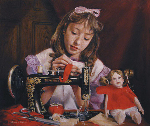 An oil painting by Thomas Baker showing a little girl sewing clothing for her doll on an antique sewing machine