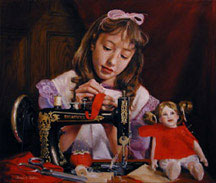 In Grandma's Attic, an oil painting of a little girl sewing a dress for her doll
