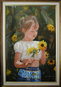 An oil painting on canvas of Mary Kathleen Baker in a patch of sunflowers