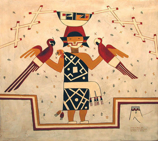 The Parrot Girl of Pottery Mound, a reproduction of an ancient kiva painting by Thomas Baker