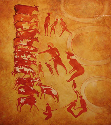 Prehistoric Saharan rock art, reproduced in oil paint on a textured wooden panel by Thomas Baker