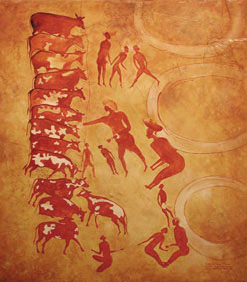 Rock art of the Sahara Desert, reproduced in oil paint on a textured wooden panel by Thomas Baker