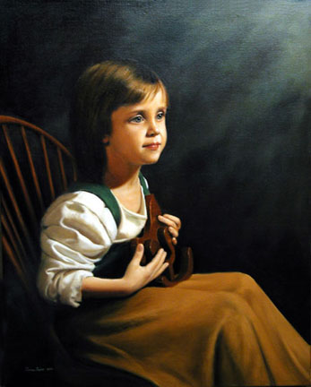 The Gift, an oil painting of a young girl holding a toy wooden horse