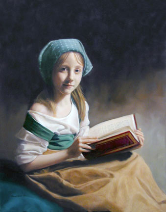 The Sonnet, an oil painting by Thomas Baker showing a little girl reading a book