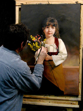 Thomas Baker painting First Bouquet, oil painting on canvas