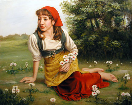 Wildflowers, an oil painting of a little girl reclining in a meadow of flowers by Thomas Baker